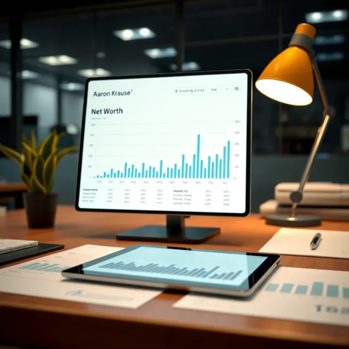 Close-up of a modern office desk with financial charts and a digital tablet displaying net worth graphs