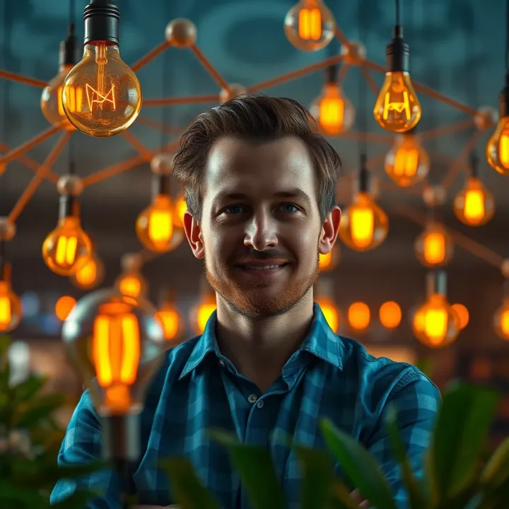 Conceptual illustration of innovative business ideas with glowing lightbulbs and network connections