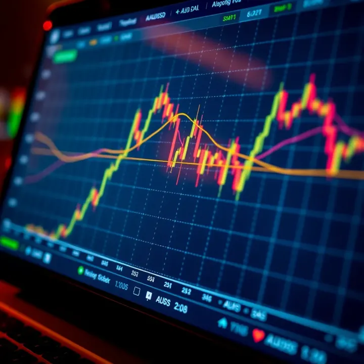 Graph showing upward and downward trends of the AUDUSD currency pair on a digital trading platform