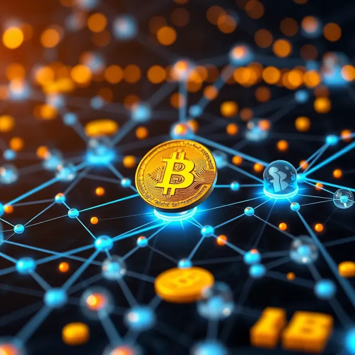 Visual representation of Bitcoin and blockchain technology interconnected with digital nodes and data streams