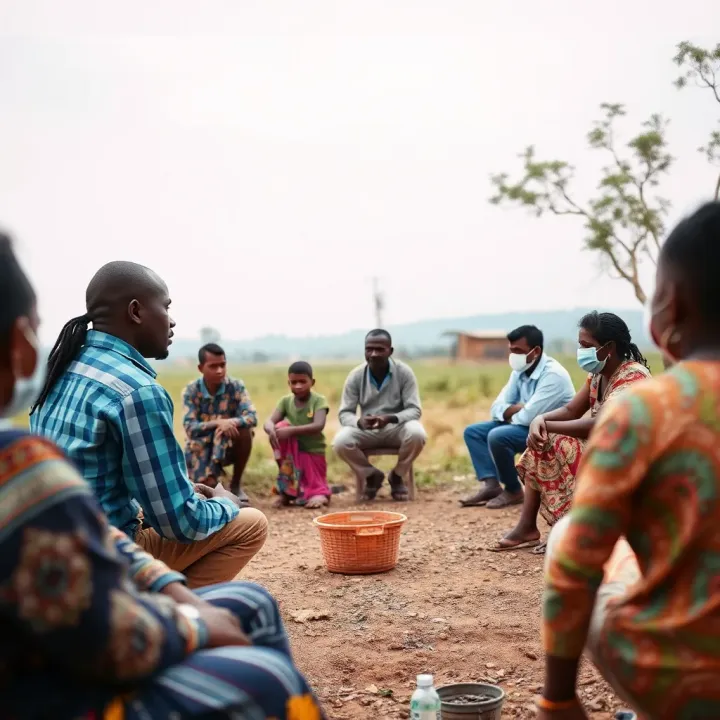 A community gathering in a rural area discussing local security and engagement initiatives