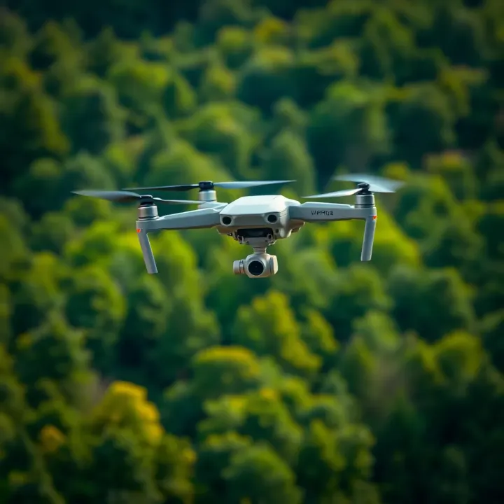 A drone flying over a lush green forest symbolizing environmental monitoring and protection efforts