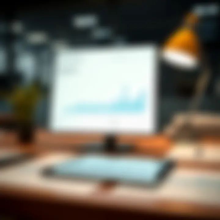 Close-up of a modern office desk with financial charts and a digital tablet displaying net worth graphs