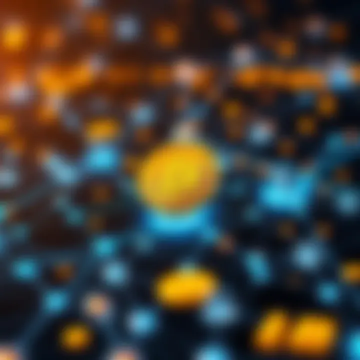 Visual representation of Bitcoin and blockchain technology interconnected with digital nodes and data streams