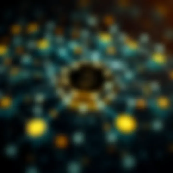 Interconnected Blockchain Nodes Representing Digital Currency Ecosystem Visual representation of blockchain nodes interconnected with digital currency symbols floating around