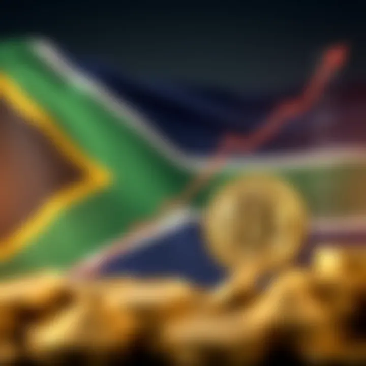 Graph showing the upward trend of cryptocurrency value with South African flag in the background