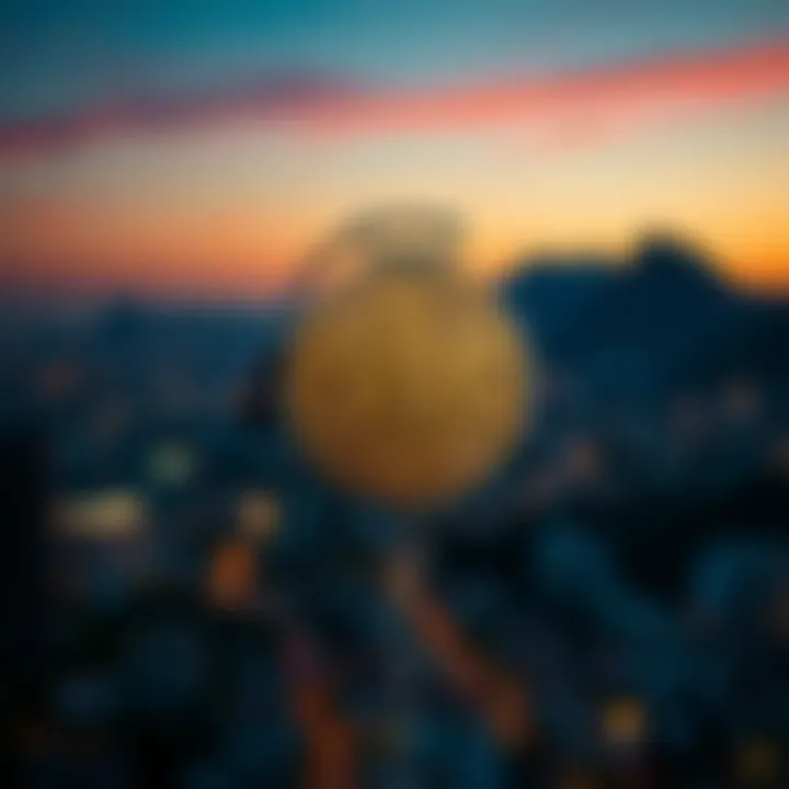 A digital representation of bitcoin coins overlaid on a South African city skyline at dusk