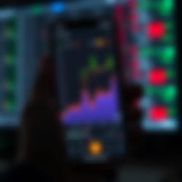 Graph showing upward trend with forex signals on a mobile device screen