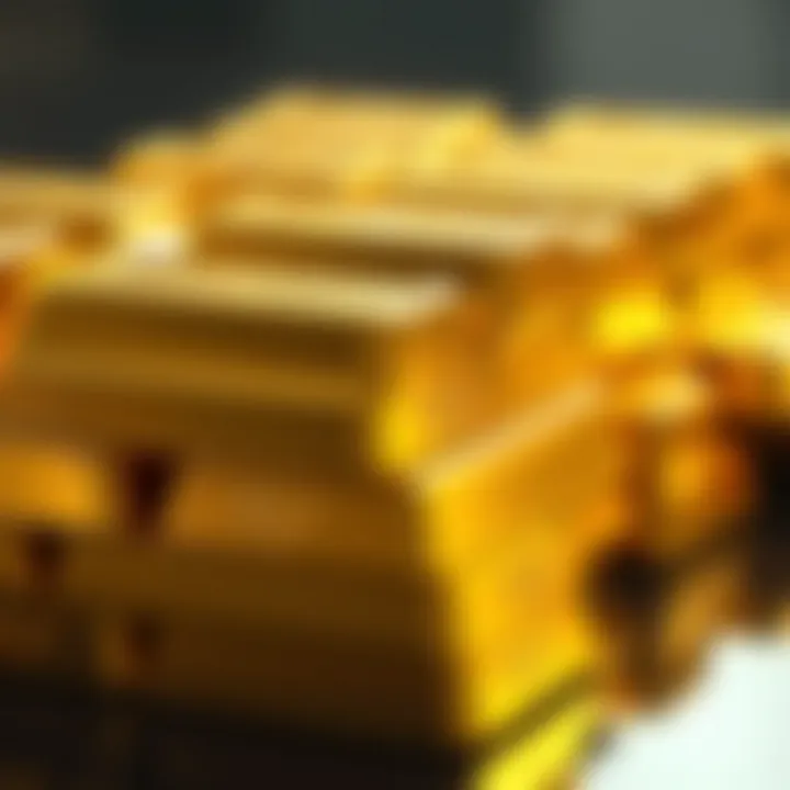 Close-up of shiny gold bars stacked together reflecting light