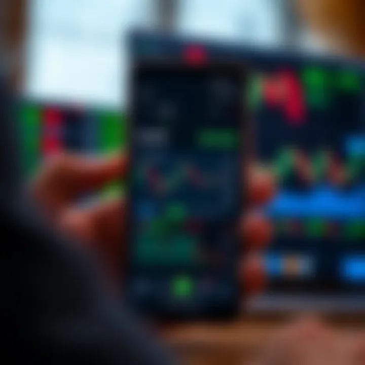 Smartphone screen displaying an online trading app interface with charts and stock market data