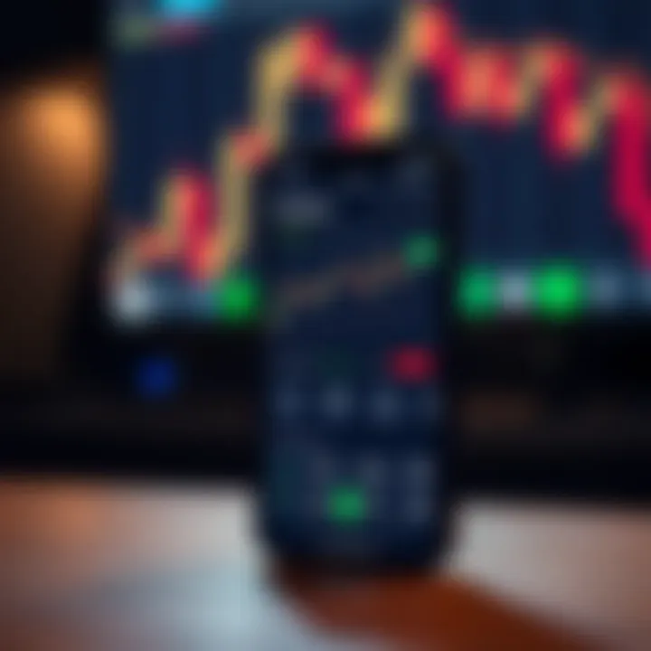 Mobile phone displaying IQ Option app interface with trading charts and tools