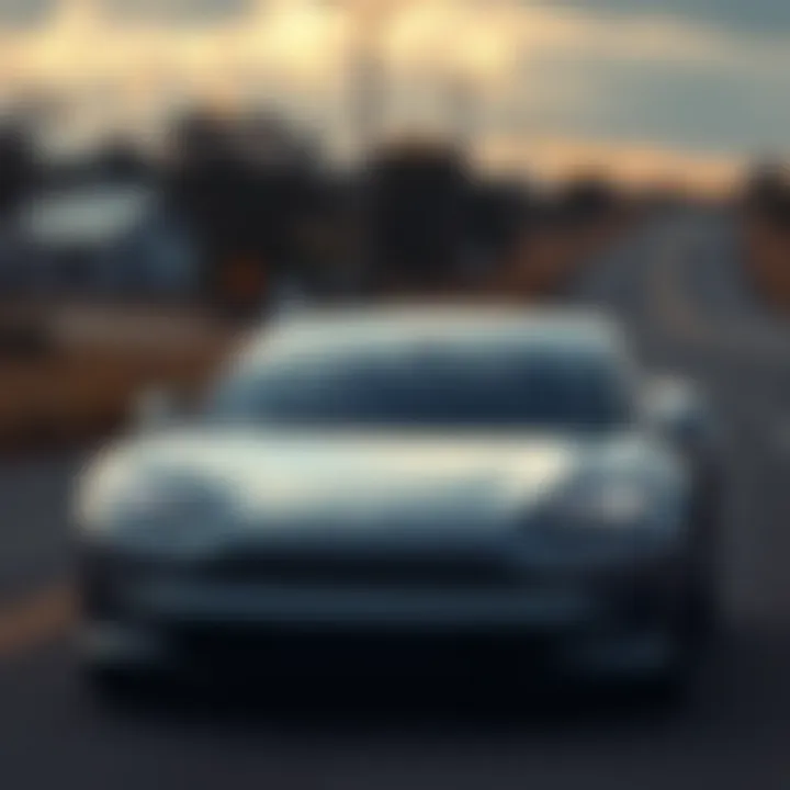 Futuristic Tesla model showcasing advanced design and technology features on a road