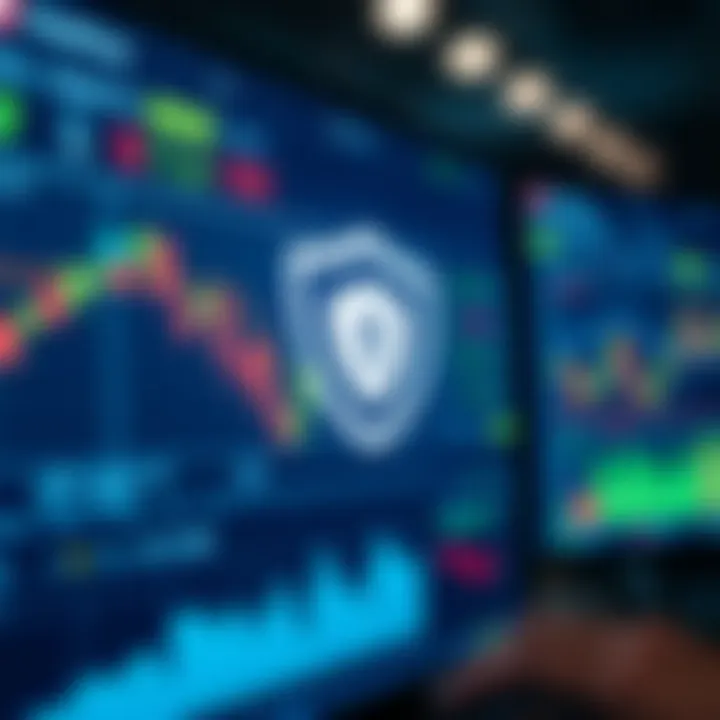 Secure digital trading platform interface with charts and security shield icon