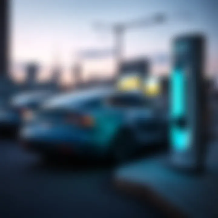 Tesla electric car charging at a modern station with city skyline in the background