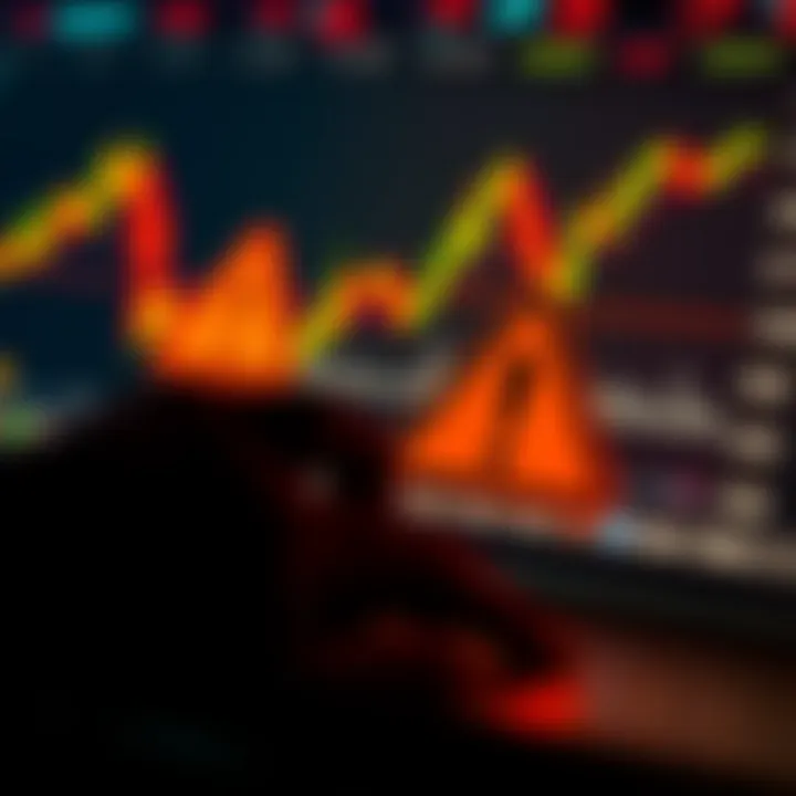 Conceptual depiction of online trading risks with warning icons and financial chart fluctuations