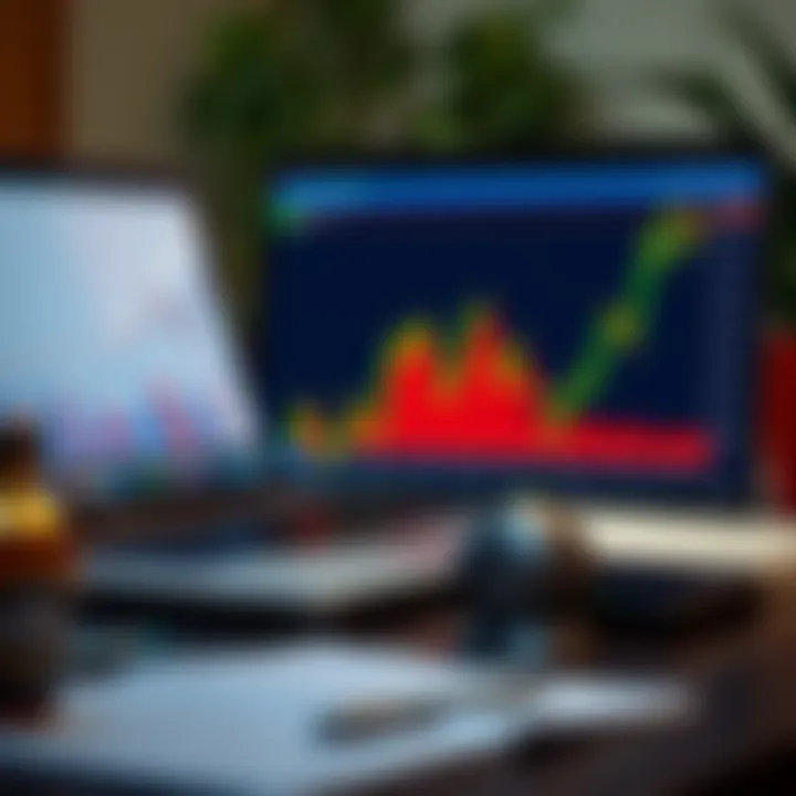 Graph illustrating forex market trends alongside a laptop showing forex charts and notes