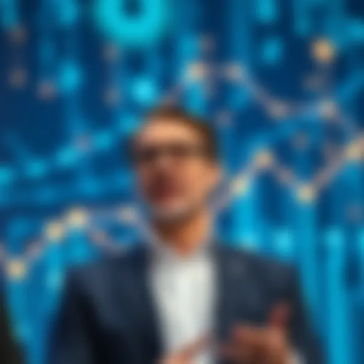 Ran Neuner speaking at a cryptocurrency conference with vibrant blockchain graphics in the background