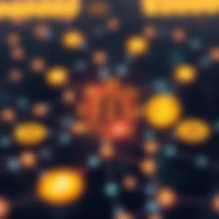 Illustration representing blockchain technology with interconnected nodes and digital currency symbols