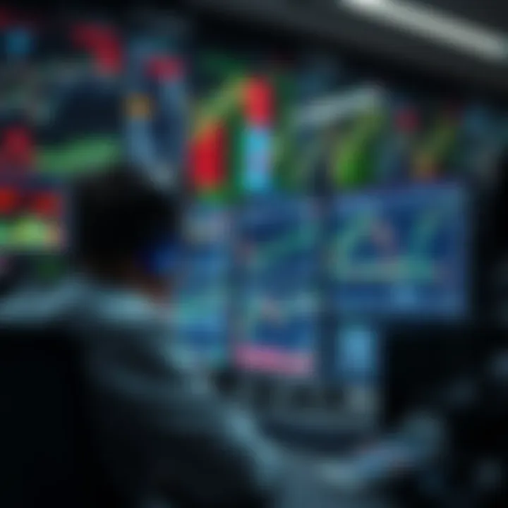 Digital representation of automated trading system analyzing financial data on multiple screens