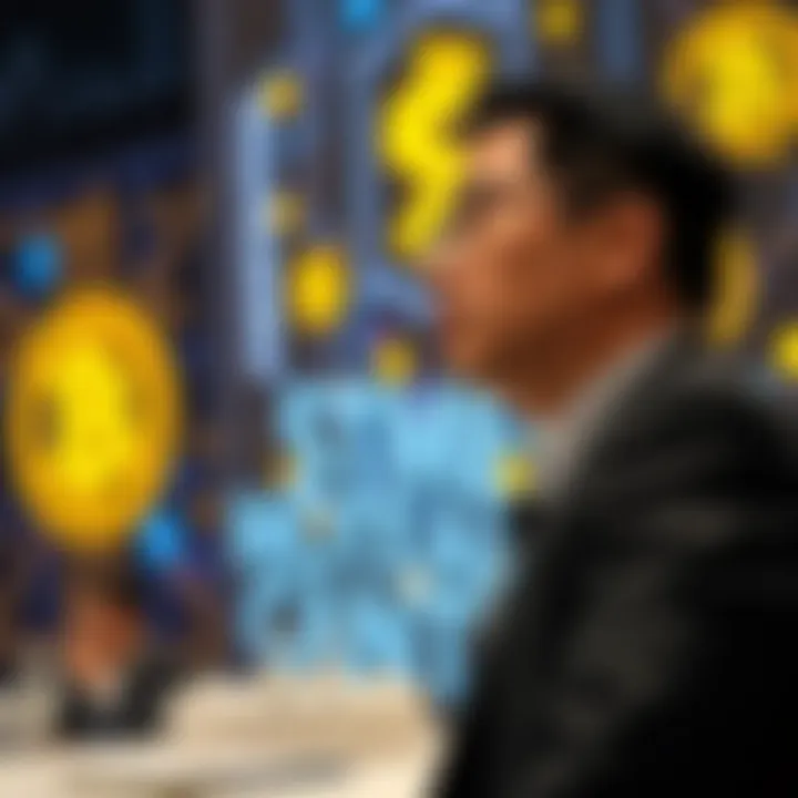 Samson Mow speaking at a blockchain conference with digital cryptocurrency symbols in the background