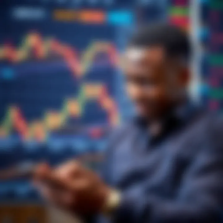 Illustration of Kenyan trader using mobile payment platform with forex charts in background
