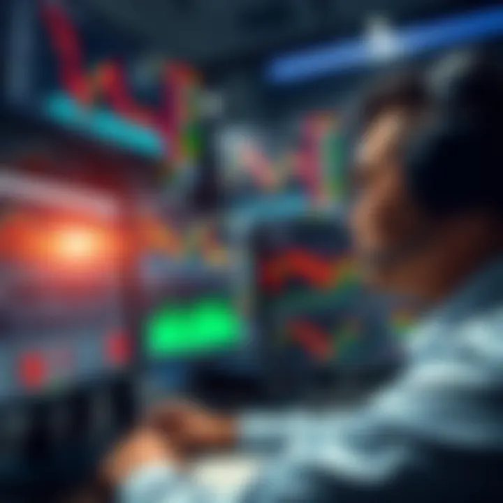 Trader analyzing financial charts and market data on multiple screens