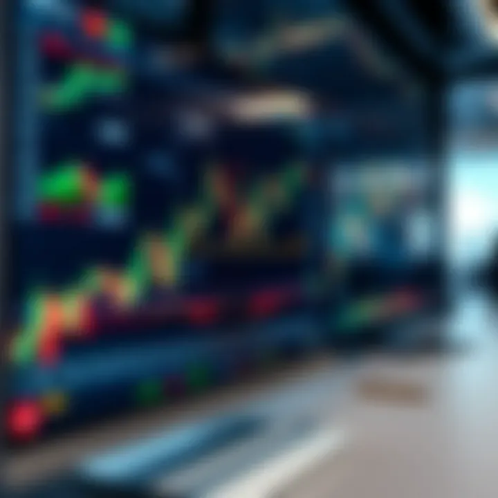 Graph showing market trends and trading data on digital screens