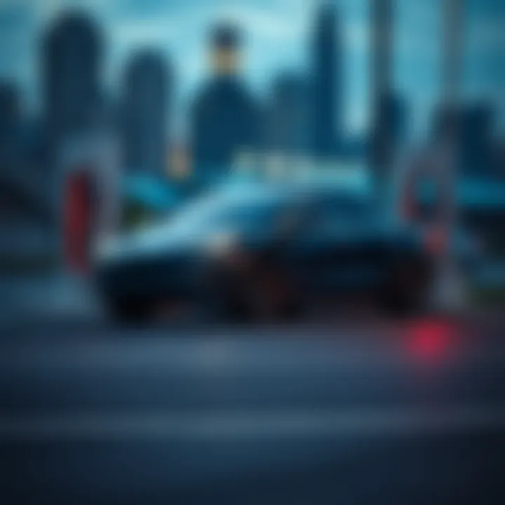 Tesla electric vehicle charging at a modern charging station with cityscape background