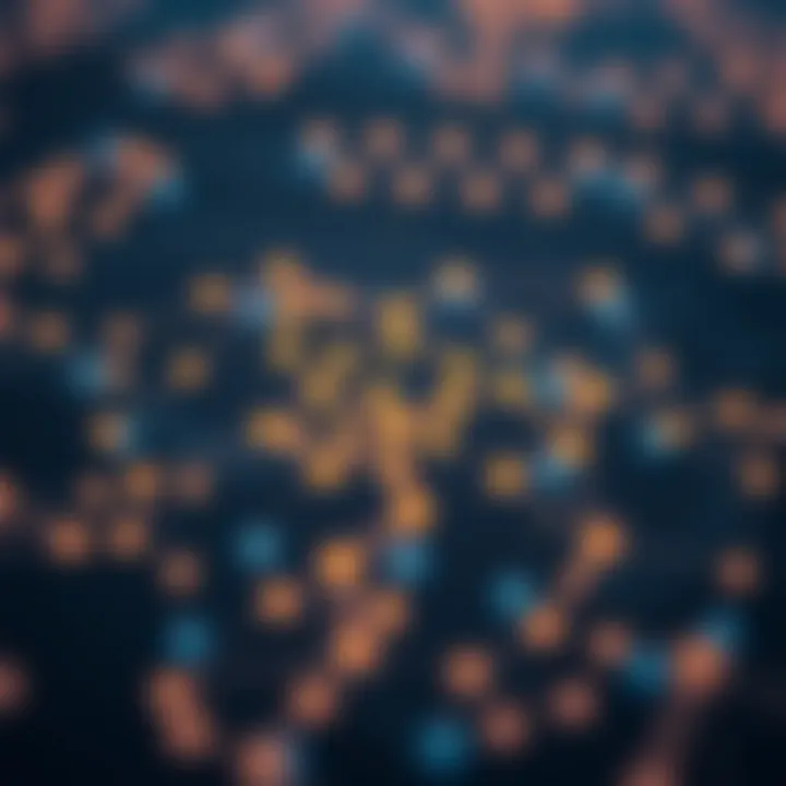 Diagram illustrating Cardano blockchain network with interconnected nodes representing decentralized ledger