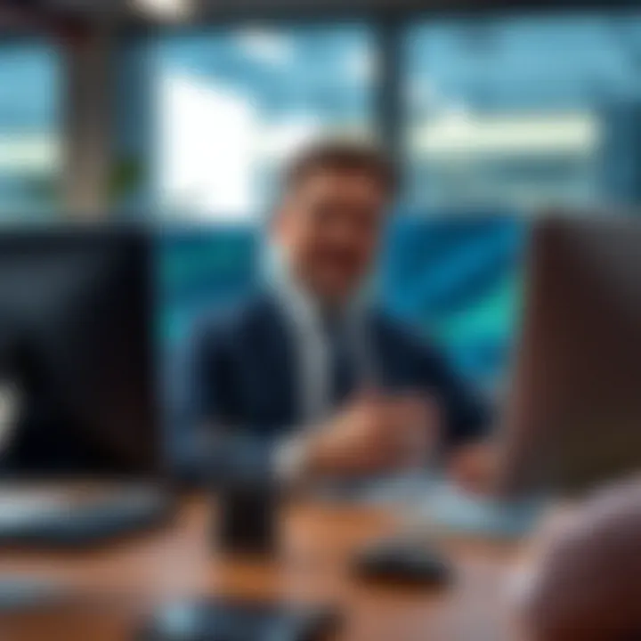 A modern office setting with digital devices showing business analytics and growth charts