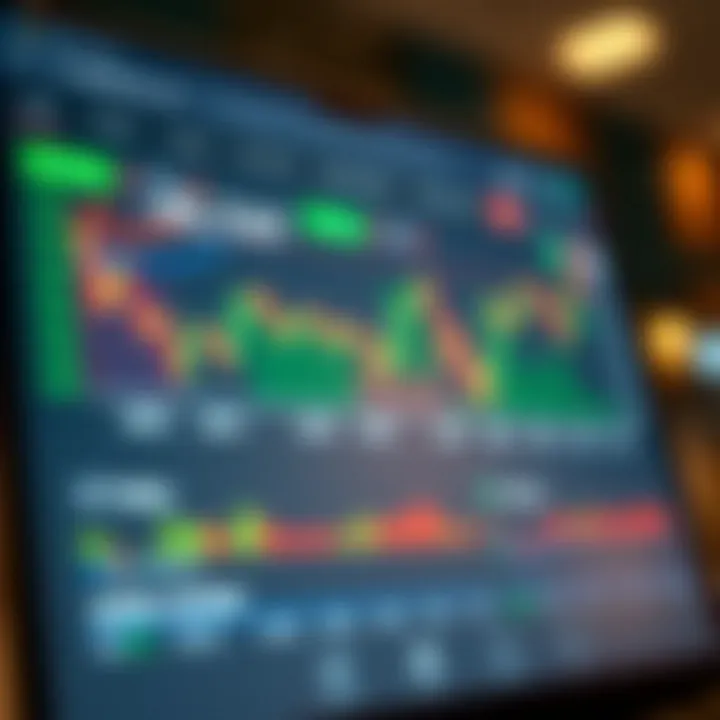Illustration of a digital trading platform interface showing stock market charts and investment options