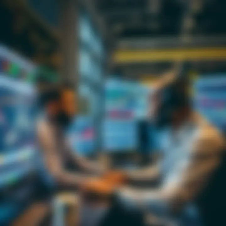 Retail traders analyzing financial charts and market data on multiple screens