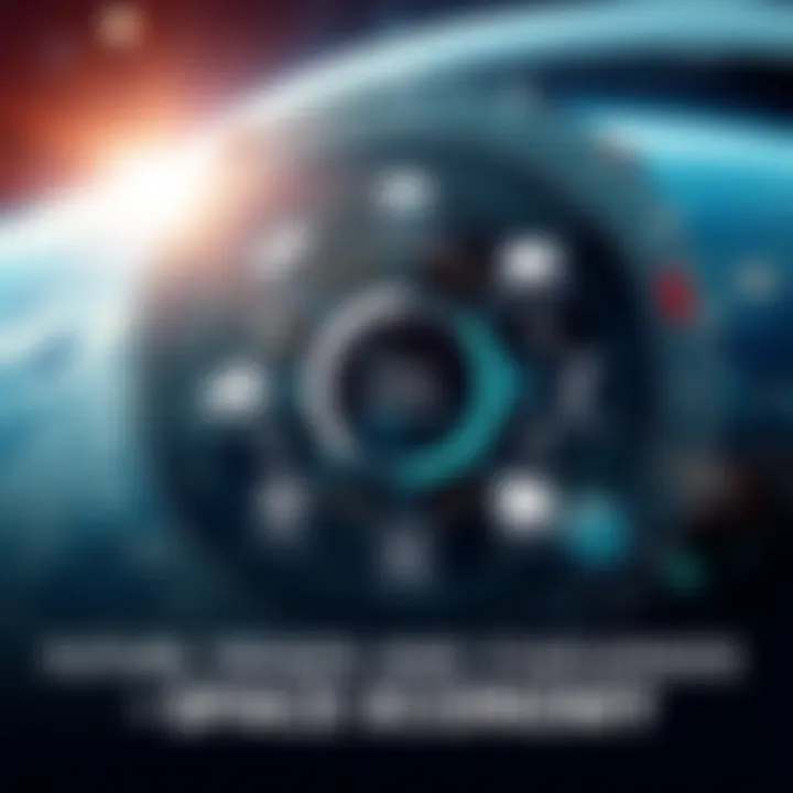 Graphic depicting a futuristic space economy with various sectors like government, private companies, and regulatory frameworks interconnected