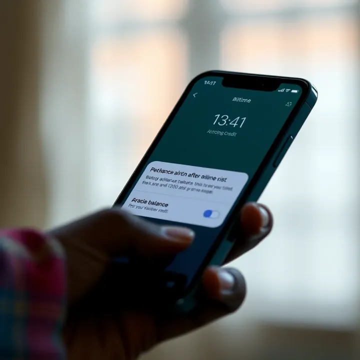 Mobile phone showing balance check confirmation message after topping up airtime credit