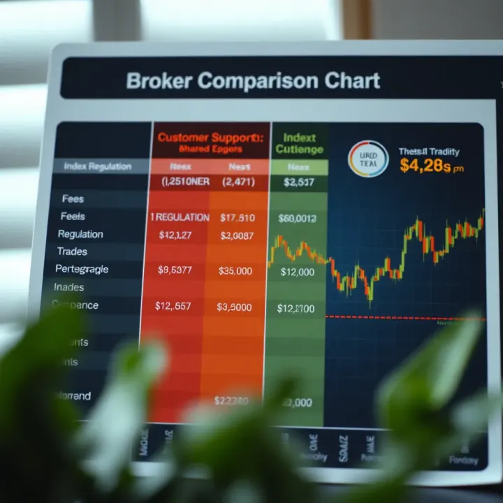 Conceptual representation of a broker comparison chart highlighting fees, regulation, and customer support for index trading