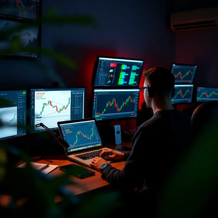 Ergonomic Workspace Featuring Multiple Screens for Forex Trading Ergonomic workspace setup with a laptop, multiple screens, and forex trading software in use
