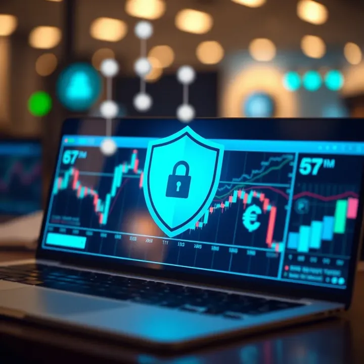 A conceptual graphic illustrating secure online trading with shield and currency symbols