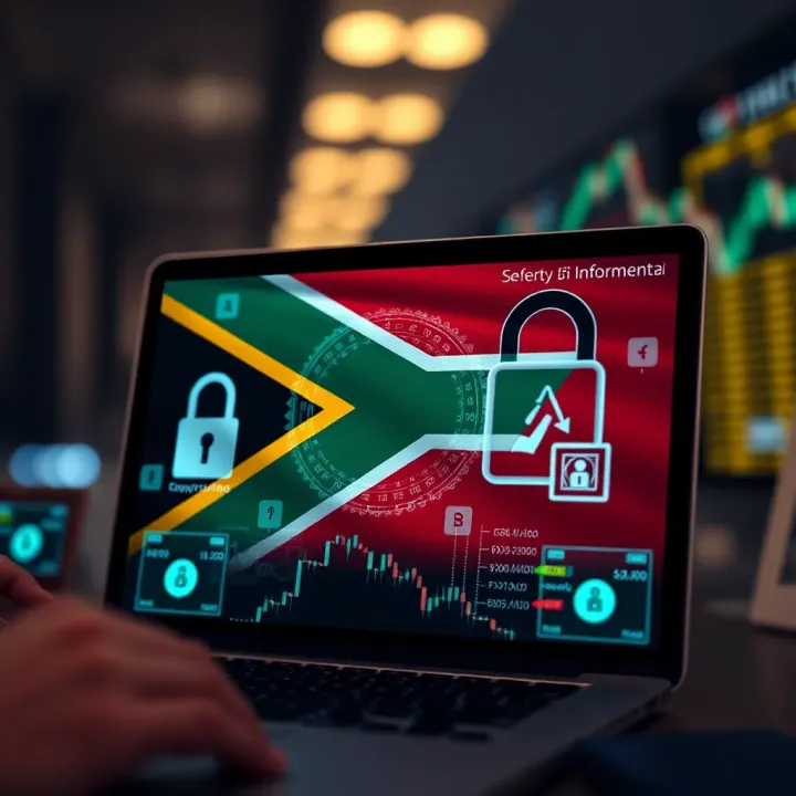 Graphic showing secure online trading with encryption symbols and a South African flag to emphasize safety and compliance