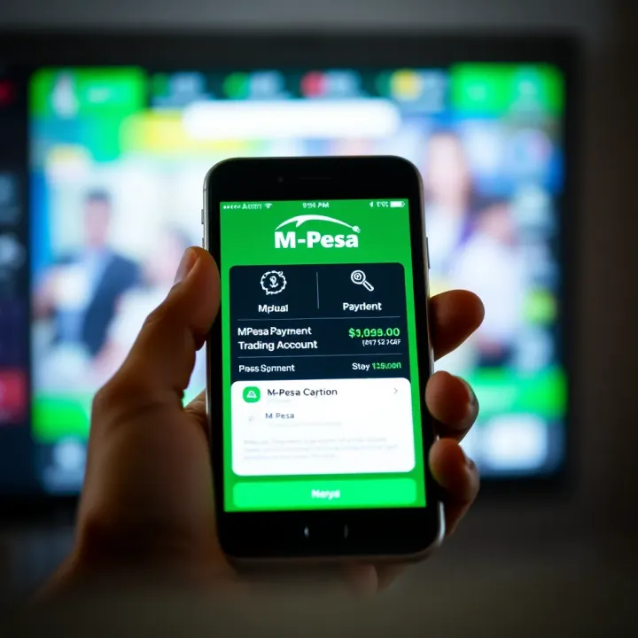 Mobile phone screen displaying M-Pesa payment option for funding a trading account
