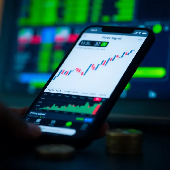 Mobile device displaying forex trading signals and charts alongside currency symbols