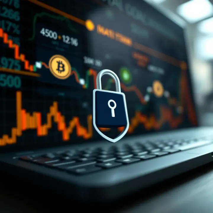 Graphic showing secure online financial transactions with digital currency symbols and a lock