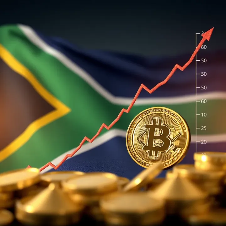 Cryptocurrency Growth and Economic Impact in South Africa Graph showing the upward trend of cryptocurrency value with South African flag in the background