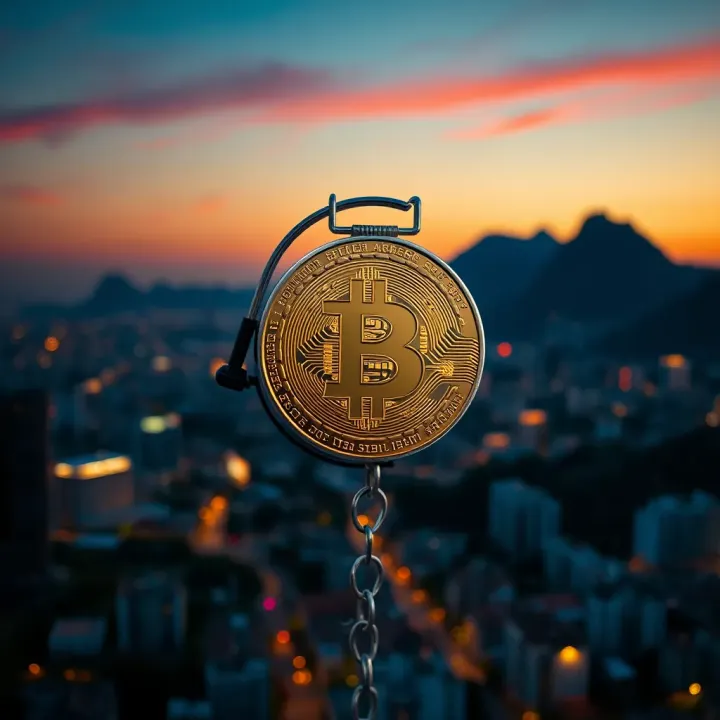 A digital representation of bitcoin coins overlaid on a South African city skyline at dusk
