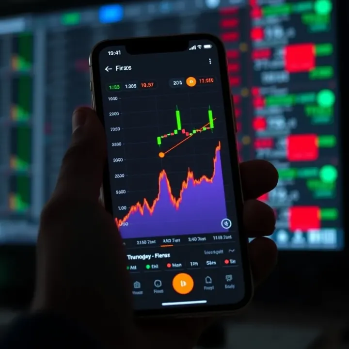 Graph showing upward trend with forex signals on a mobile device screen
