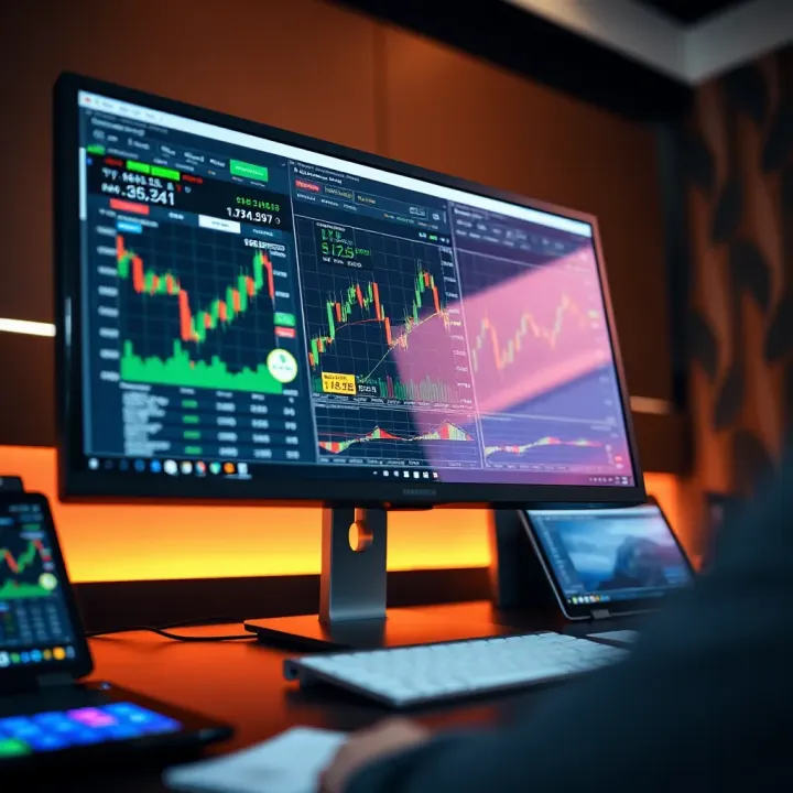 Computer screen displaying forex trading platform with charts and trade options