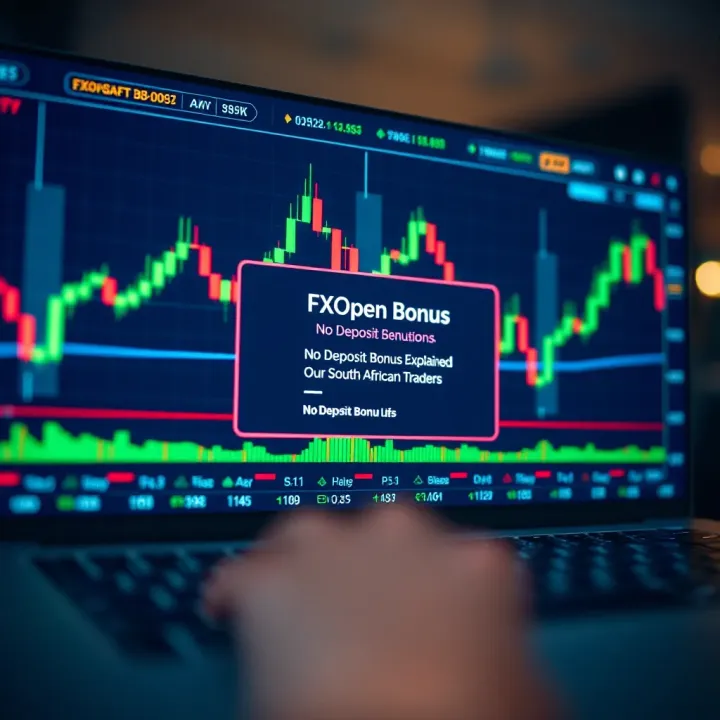Illustration of a digital trading platform interface with currency charts and a highlighted bonus offer notification