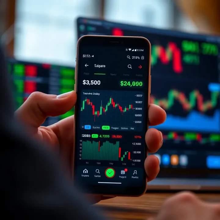 Smartphone screen displaying an online trading app interface with charts and stock market data