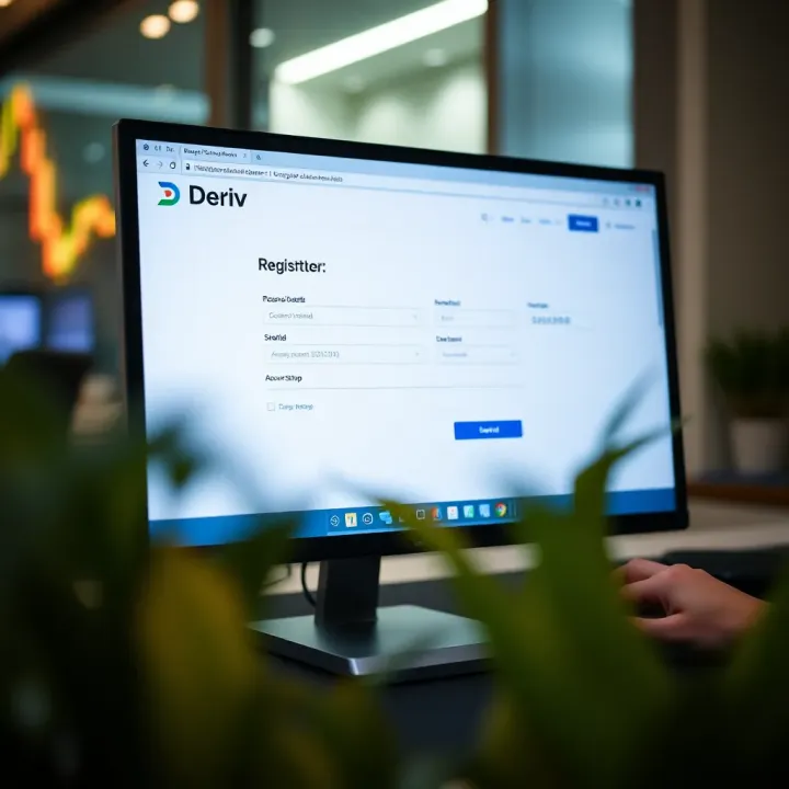Illustration of a computer screen displaying the Deriv website registration form with fields for personal details and account setup