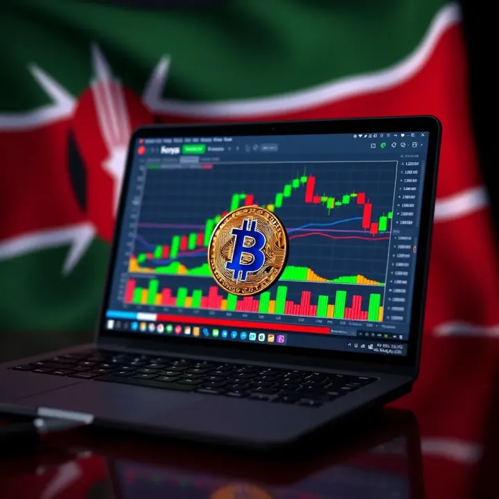 Cryptocurrency trading platforms displayed on a laptop screen with charts and Kenyan flag background