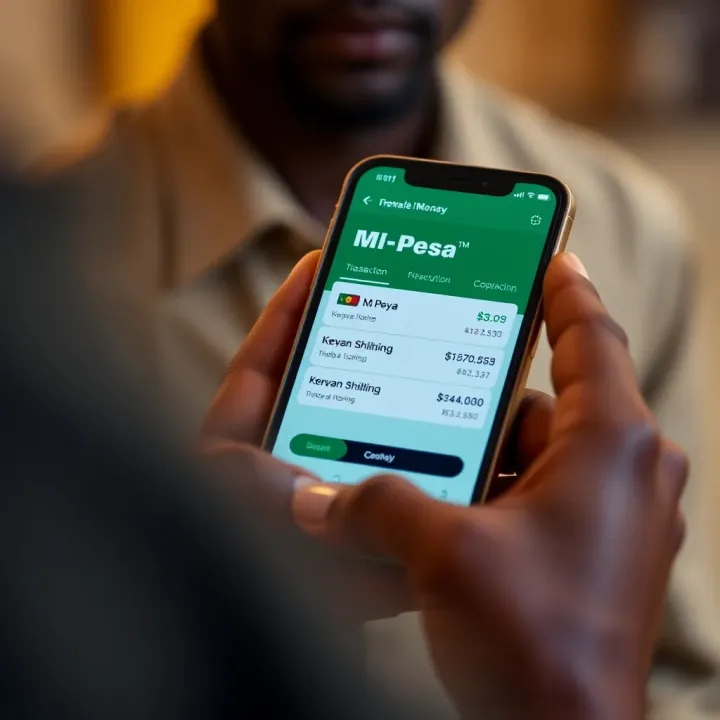 Mobile phone displaying M-Pesa app with Kenyan shilling transaction details